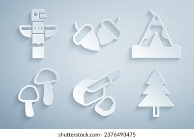 Set Peameal bacon, Indian teepee or wigwam, Mushroom, Christmas tree, Acorn and Canadian totem pole icon. Vector