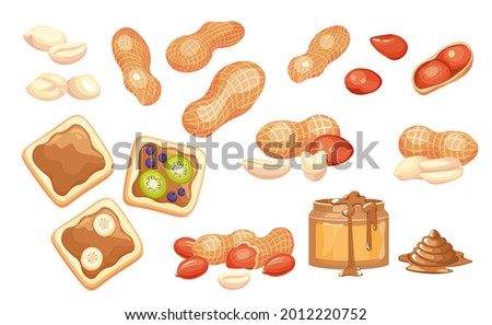 Set Peanut Butter in Glass Jar, and on Bread Toast. Snack Peeled and Unpeeled Nuts, Cereal Protein Breakfast, Healthy Energy Food, Peanut in Shell, Clean Seeds. Cartoon Vector Illustration, Icons