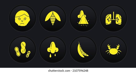 Set Peanut, Lungs, Runny nose, Kidney beans, Bee, Crab and Inflammation on face icon. Vector