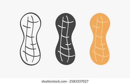 Set of peanut nuts. Sketch, black silhouetet and flat icon peanut illustration