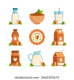 Set of peanut-based beverage and food. Flat icon set isolated on white background. Peanut milk, peanut butter, and peanut snack concepts. Perfect for use in nutritional guides and packaging design