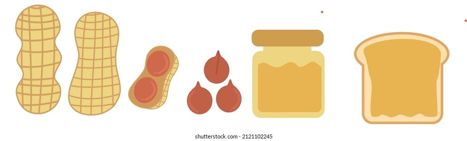 Set peanuts and nuts.Jam and bread.National Peanut Day.Snack or dessert.Fruit or vegetable.Sign, symbol, icon or logo isolated.Cartoon vector illustration.Flat design.Clipart.