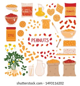 Set of peanuts on a white background. Collection of peanut products. Vector illustration in freehand drawing style.
