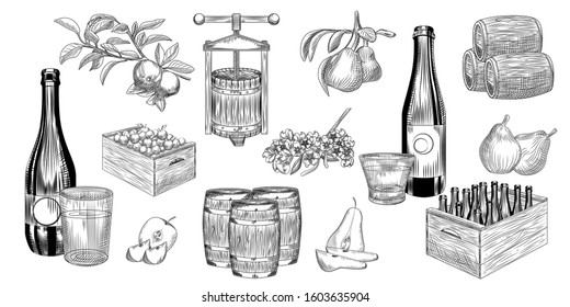 Set of pear and apple cider. Harvest pears, apples, press, barrel, glass and cider bottle. Hand drawn craft fruit beer collection. Engraving vintage style. Vector illustration.