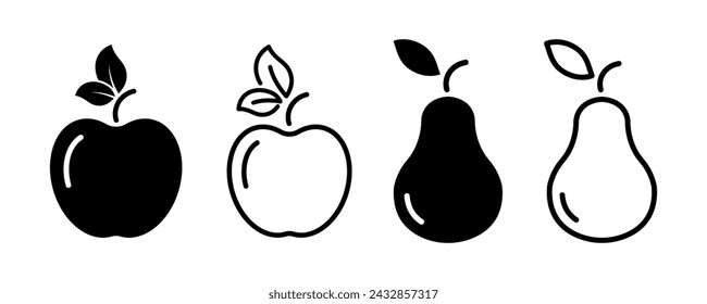 Set of pear and apple vector icons. Black linear silhouette apple and pear.