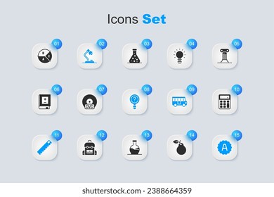 Set Pear, CD or DVD disk, Table lamp, Ruler, Exam sheet with A plus grade, Calculator, Pie chart infographic and Unknown search icon. Vector