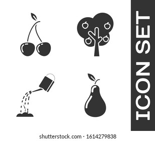 Set Pear, Cherry, Watering can with water and Tree with apple icon. Vector