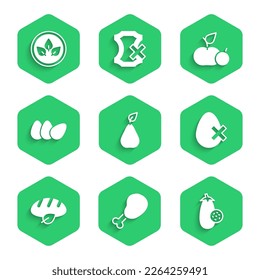 Set Pear, Chicken leg, Eggplant, No egg, Vegan bread loaf, Apple and food diet icon. Vector