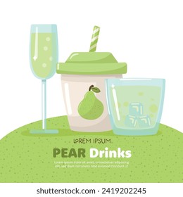 Set of pear cider glass, plastic cup pear soda and glass with ices