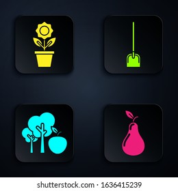 Set Pear, Flower in pot, Tree with apple and Shovel. Black square button. Vector