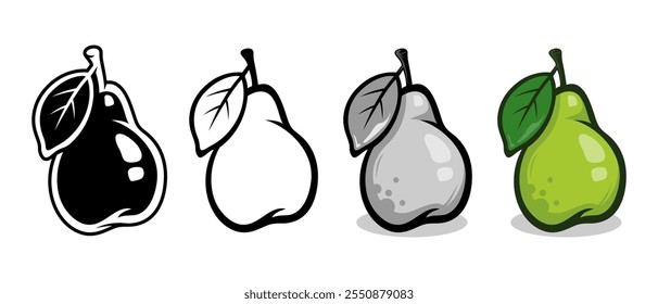 Conjunto de ícones de frutos de pera em vários estilos, incluindo silhueta, arte de linha e design colorido, ilustração de vetor editável e escalável, isolado no fundo branco.