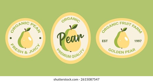 Set of pear fruit label stickers featuring a variety of designs with vibrant fresh orange illustrations.