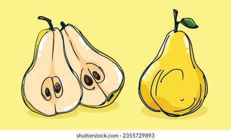 Set of Pear fruit, Vector illustration in one line sketch style, flat hand drawn sketch, Colorful fruit with shadow and light, isolated on colored background.