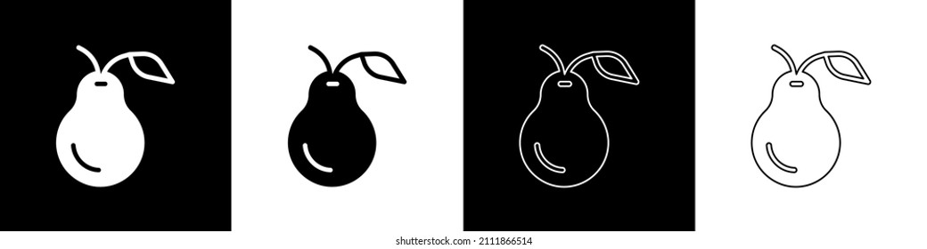 Ajuste el icono de Pear aislado en fondo blanco y negro. Fruta con símbolo de hoja.  Vector