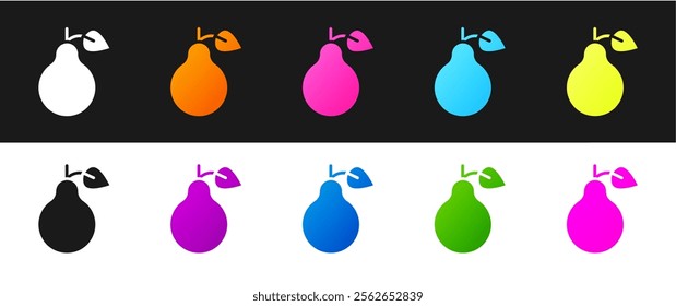 Set Pear icon isolated on black and white background. Fruit with leaf symbol.  Vector