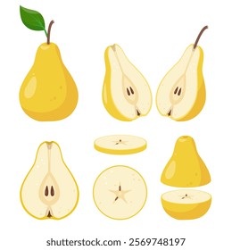 Set of pear icons. Fresh yellow whole and cut Pears and slices. Organic fruits for juice, smoothie or vitamin C healthy food. Vector illustration isolated on white background.