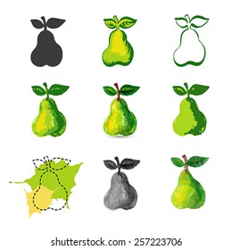 Set of pear icons and orange logos. Handmade watercolor grunge pear for retro design. Triangular structure of pear. Sketch and monochrome drawing.