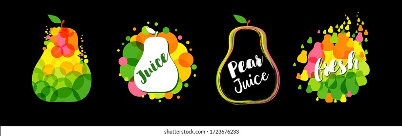 Set of pear logotype concepts. Fruit logo, ad idea, black background. Brush style text. Isolated abstract graphic design template. T shirt bright elements with calligraphy. Red and green collection.