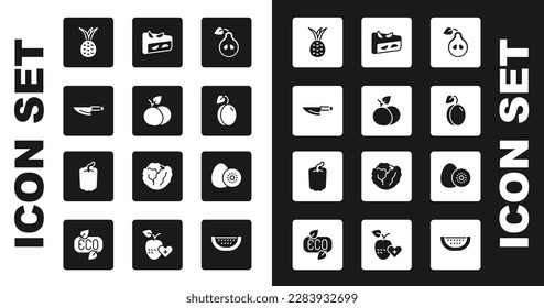 Set Birnen, Mango Früchte, Knife, Ananas, Pflaumen, Pflaumen, hausgemachten Kuchen, Kiwi und Glockenpfeffer Symbol. Vektorgrafik