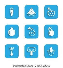 Set Pear, Mushroom, Corn, Plum fruit, Onion, Pomegranate, Apple and Carrot icon. Vector