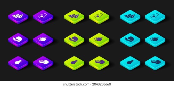 Set Pear, Orange fruit, Melon, Tomato, Avocado and Watermelon icon. Vector
