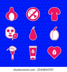 Set Pear, Organic cosmetic, Vegan food diet, Plum fruit, Facial mask, Mushroom and Garlic icon. Vector