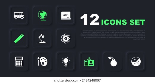 Set Pera, infografía de gráfico circular, lámpara de mesa, insignia de identificación, regla, pincel de pintura con paleta, globo terráqueo e icono de idea de luz creativa. Vector
