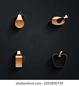 Set Pear, Roasted turkey or chicken, Thermos container and Apple icon with long shadow. Vector