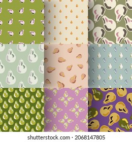 Set of pear seamless pattern in scandinavian style. Food backdrop collection. Simple fruit shapes background. Pastel colors. Graphic design for wrapping paper and fabric textures. Vector Illustration.