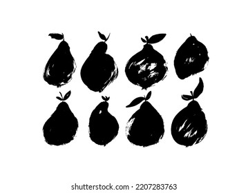 Set of pear silhouettes. Brush drawn fruits isolate on white background. Pear vector icons with small leaves. Sketch style, naive drawing. Black fruit silhouettes with rough edges. 