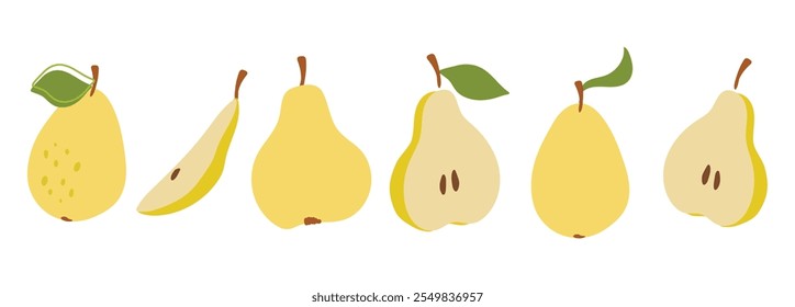 A set of pear slices in flat style. Fresh, juicy and tasty fruit. Vector illustration of organic fruit. Eco-label for natural pear flavor. Juice, smoothie design.