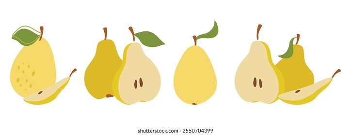 A set of pear slices in flat style. Fresh, juicy and tasty fruit. Vector illustration of organic fruit. Eco-label for natural pear flavor. Juice, smoothie design.