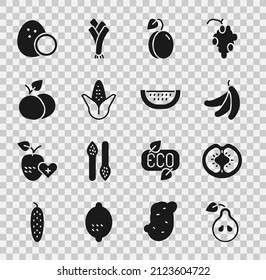 Set Pear, Tomato, Banana, Plum fruit, Corn, Mango, Coconut and Watermelon icon. Vector