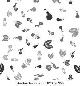 Set Pear, Tree In Hand Of Environmental Protection, Leafs And Flower In Pot On Seamless Pattern. Vector