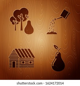 Set Pear, Tree with pears, Farm house and Watering can with water on wooden background. Vector