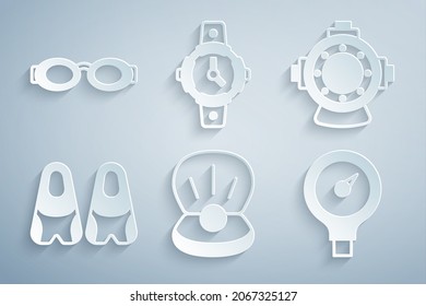 Set Pearl, Aqualung, Flippers for swimming, Gauge scale, Diving watch and Glasses icon. Vector