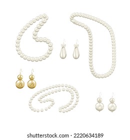 Set of pearl beads, earrings on the background. Pearl jewelry is stylish and luxurious. Design of postcards, banners, printing on fabric, covers