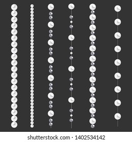 Set of pearl borders isolated on gray background. Vector dividers for decoration, wedding invitation or greeting cards, banners.