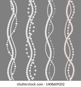 Set of pearl borders isolated on gray background. Vector dividers for decoration, wedding invitation or greeting cards, banners.