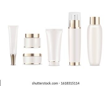 Set of pearl cosmetic packages with gold caps for cream, lotion or moisturizer. Vector