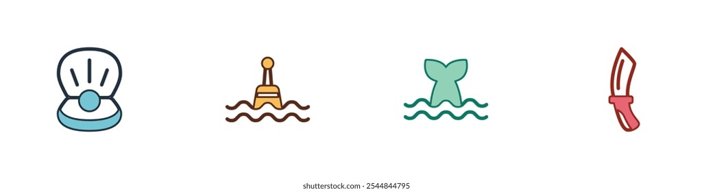 Conjunto de perlas, boya flotante, cola de ballena y cuchillo de buceo icono. Vector