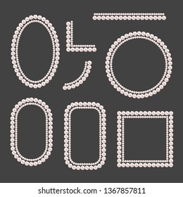 Set of pearl frames isolated on gray background. Vector elements for wedding decoration, banners, cards, invitation. Elegant cream pearls borders and corners.