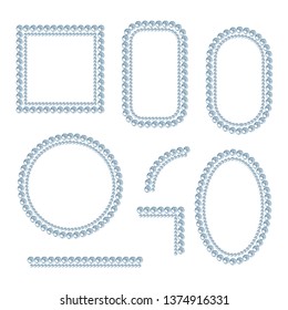 Set of pearl frames isolated on white background. Vector elements for wedding decoration, banners, cards, invitation. Elegant blue pearls borders and corners.
