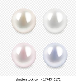 Set  of Pearl isolated on transparent background. Spherical beautiful 3D realistic pearls of different color with shadow  with transparent glares and highlights. Jewel gems. Vector Illustration