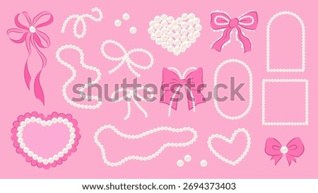Set of pearl jewelry and elements. Chain, bows, pearl frame and bows in Coquette aesthetic.  Coquettecore, vector pearl decorations