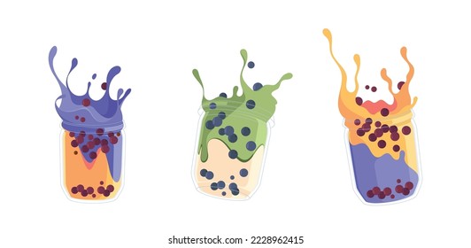 Set Of Pearl Milk Tea Burst, Boba Yummy Beverages In Glass Or Plastic Cups. Bubble Tea Or Coffee Drink with Tapioca Isolated On White Background. Graphic Design Collection. Cartoon Vector Illustration