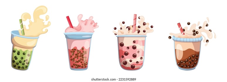 Conjunto De Harina De Leche De Perla, Bebidas Boba Yummy En Cristal O Colección De Diseño Gráfico De Cups De Plástico. Té De Burbuja O Bebida De Café Con Tapioca Aislada En Fondo Blanco. Ilustración del vector de dibujos animados