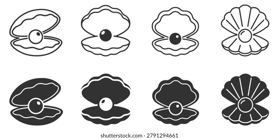 Set of pearl oyster icons, vector illustration of seashells with pearls, shell sea life symbols, marine collection on transparent background