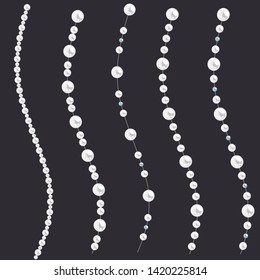 Set of pearl wavy strings isolated on gray background. Vector dividers for decoration, wedding invitation or greeting cards, banners.