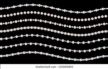 Set of pearl wavy strings isolated on black background. Seamless horizontal vector dividers for decoration, wedding invitation or greeting cards, banners.